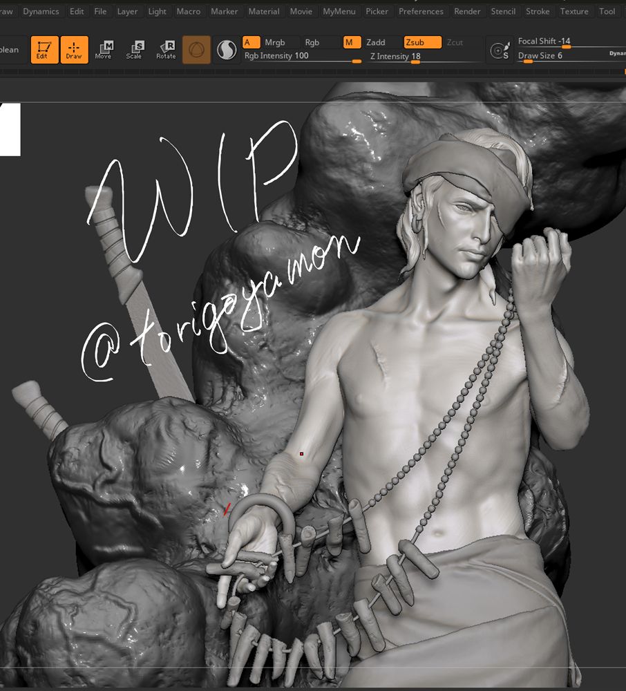 Zbrush sculpting WIP of a male figure holding a garland of fingers by @torigoyamon