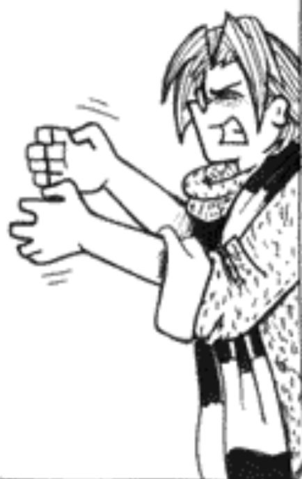 Close-up of a man grimacing in frustration and gesturing with his hands like he wants to choke someone. Source and context — Panel from the webcomic “Dominic Deegan: Oracle for Hire”, May 11th 2006. Titular character is talking to a knight he refers to as racist, and the knight insists he’s not. When Dominic says, “You say the word Orc like you’re spitting it, you have since I met you.” the knight replies, “Oh please, Dominic, orcs don’t count as people.” Thus resulting in Dominic making that “I wanna strangle you…” gesture behind the knight’s back.