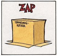 Open upside down cardboard box with ZAP in red letters above it. The box reads "Transmog-rifier" on the side.
