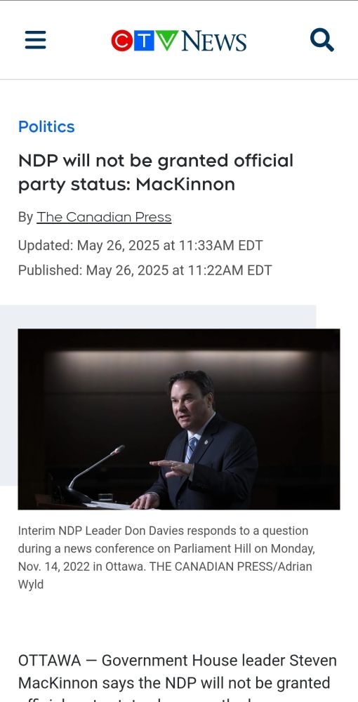 CTV article stating the federal NDP will not be given official party status. 