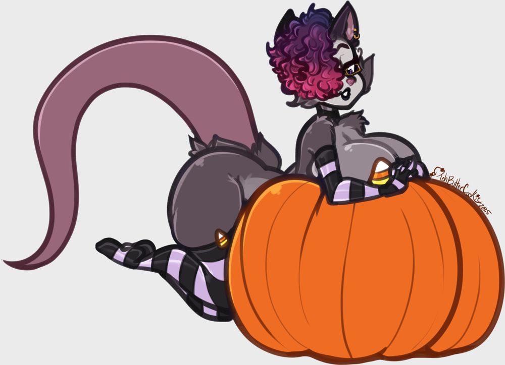 an illustration of Zenith, wearing purple and black arm socks and thigh highs, with candy corn pasties, leaning on a pumpkin about half her height.