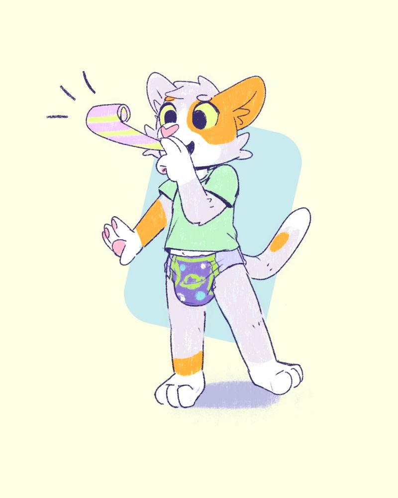 illustration of a orange, gray, and white calico cat, age 5, blowing on a party horn wearing space themed pull-ups and a green shirt.