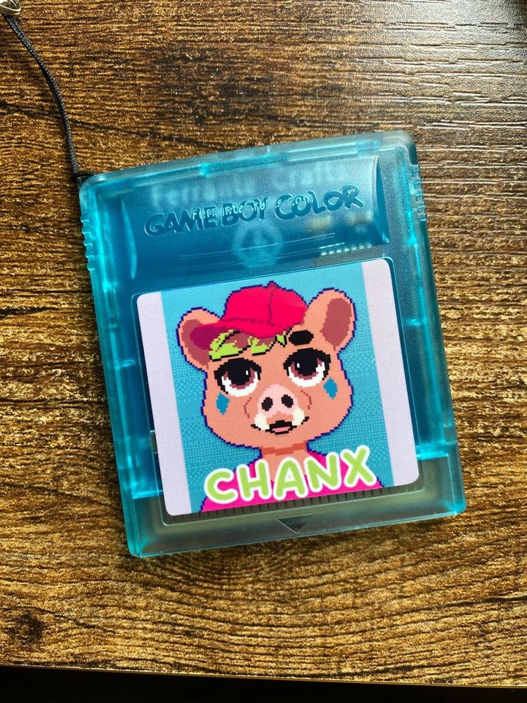 a blue game boy color cartridge with an illustration of a boar wearing a red hat and pink shirt that reads 'chanx'