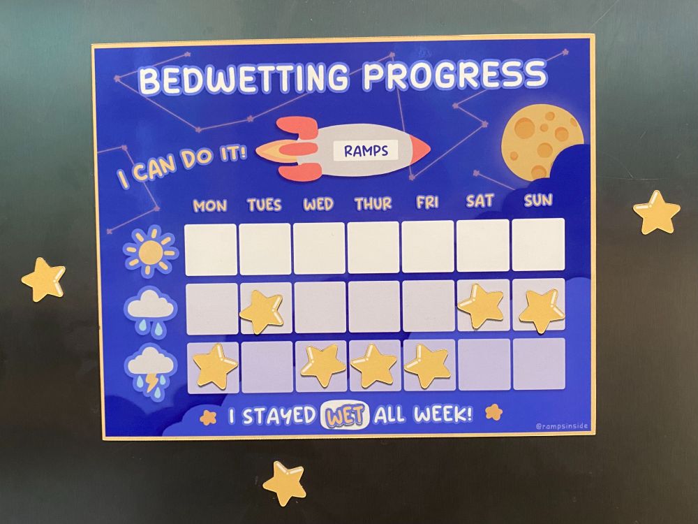 image of a space themed weekly calendar fridge magnet that reads "bedwetting progress" 
