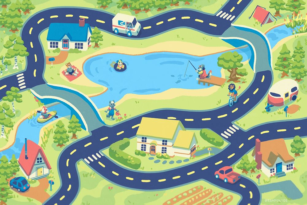 A "town and road rug" style illustration with roads wrapping around the image, several houses, and 6 furry characters featured. From left to right there is a red and white character in a yellow kayak paddling toward a pond, a brown and white tiger cat character sitting on a red blanket on the shore of the pond, a yellow and blue dog character swimming with a black inflatable tube. Below there is a gray cat character watering red flowers, above there is a dark gray goat character driving a white USPS style llv truck, to the right there is a gray and white wolf character fishing, and the right most character is a lion on a bicycle. 