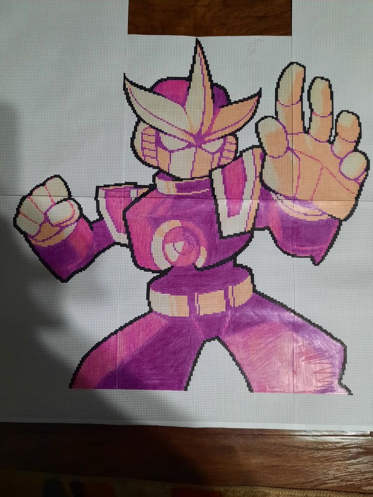 A fully colored Kai drawing on several sheets of graphing paper taped together. Using color pencils and ink. 