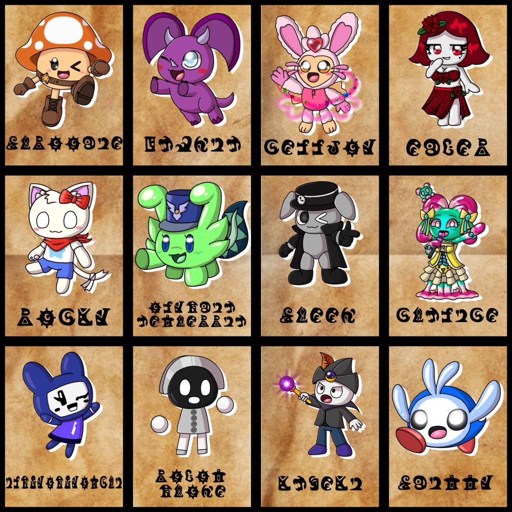 Runes from up to down; left to right: Shroomie, Dawnia, Celljoy, Ember, Rocky, Olympia Aetherria, Sheen, Chalice, IlPuyopuyotchi, Robot Phone, Kageki, Smitty.