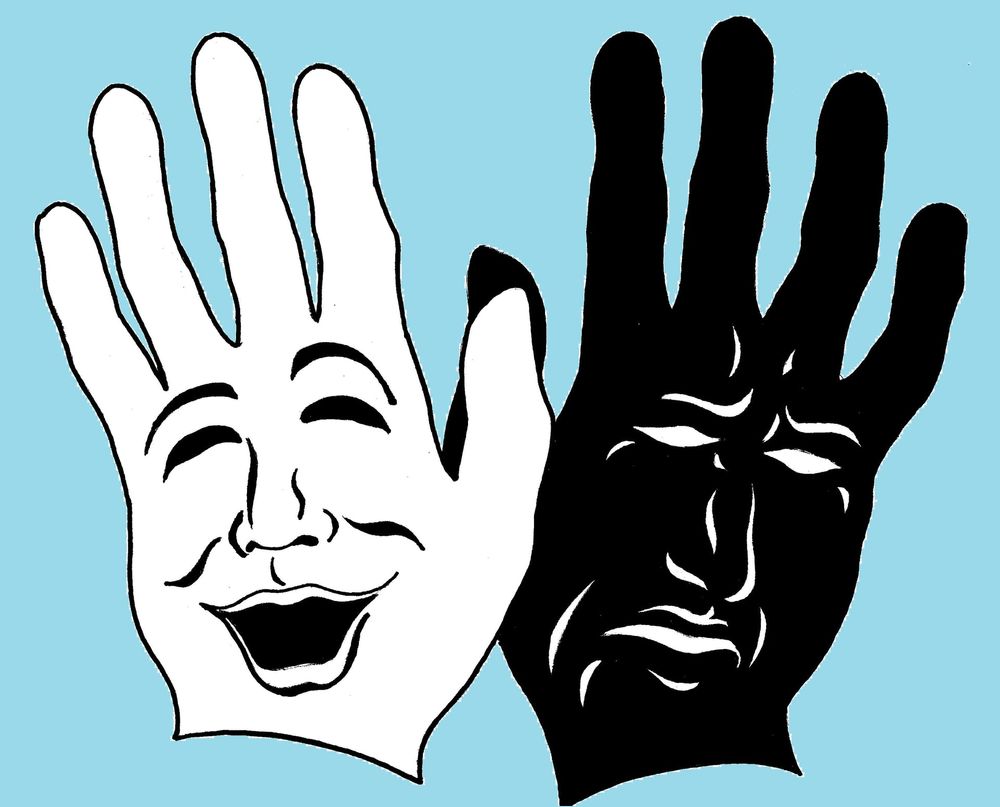 Drawing of two hands, one white and one black, in the style of the comedy and tragedy masks.