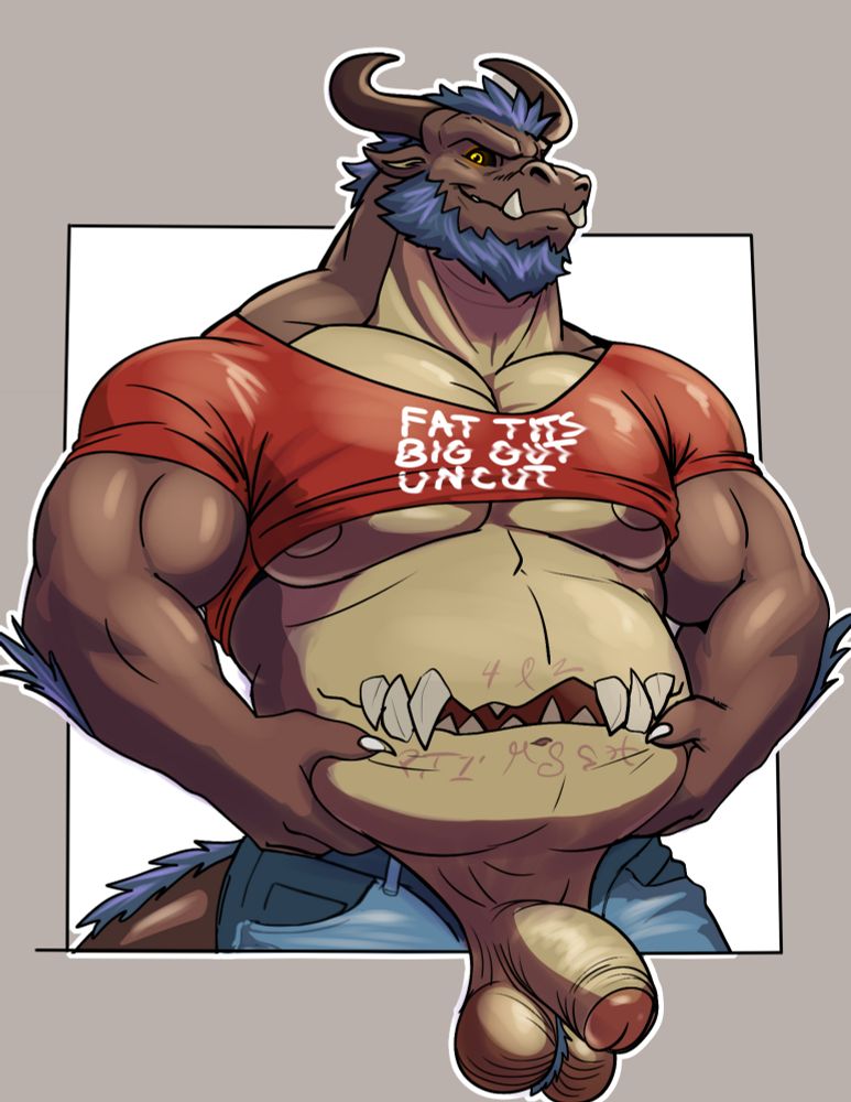 This is a large brown muscular anthropomorphic dragon.  Silvareth is brown on his arms and backside with a tan neck, chest, belly, fupa, cock and balls.  His belly has a large gaping mouth with jagged mouth and various runes above and below the mouth.  He has blue hair on the top of his head, by his elbows, tail, and a little bit on his balls.  He has two horns on his head that curve backwards.   His eyes are black schlera, and yellow irises.  He sports an inviting but reserved grin.  He has a red shirt that is stretched across his muscular chest that have some words printed across the shirt.  Fat tits, big gut, uncut are printed across the shirt but arranged vertically.