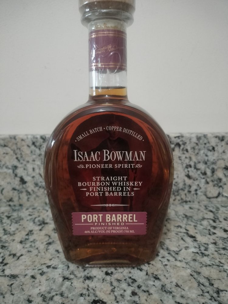A bottle of Isaac Bowman port barrel finished bourbon