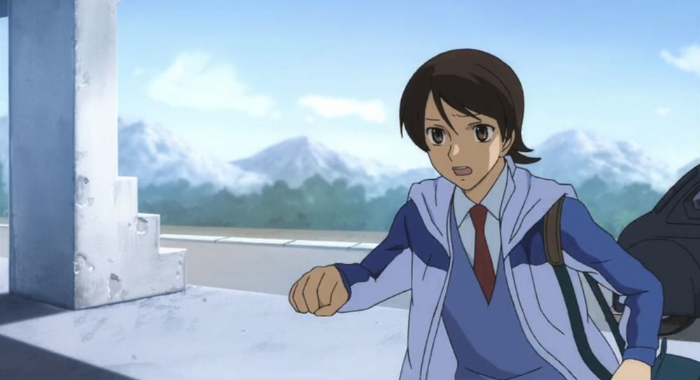 A screenshot from Mobile Suit Gundam 00 of Saji running into a hospital