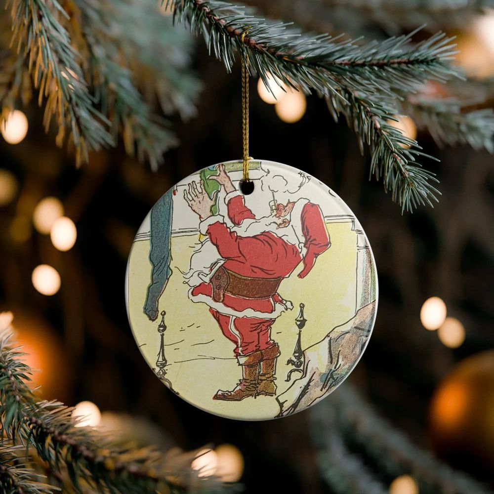 Vintage Santa stuffing stockings by the fire on an ornament 