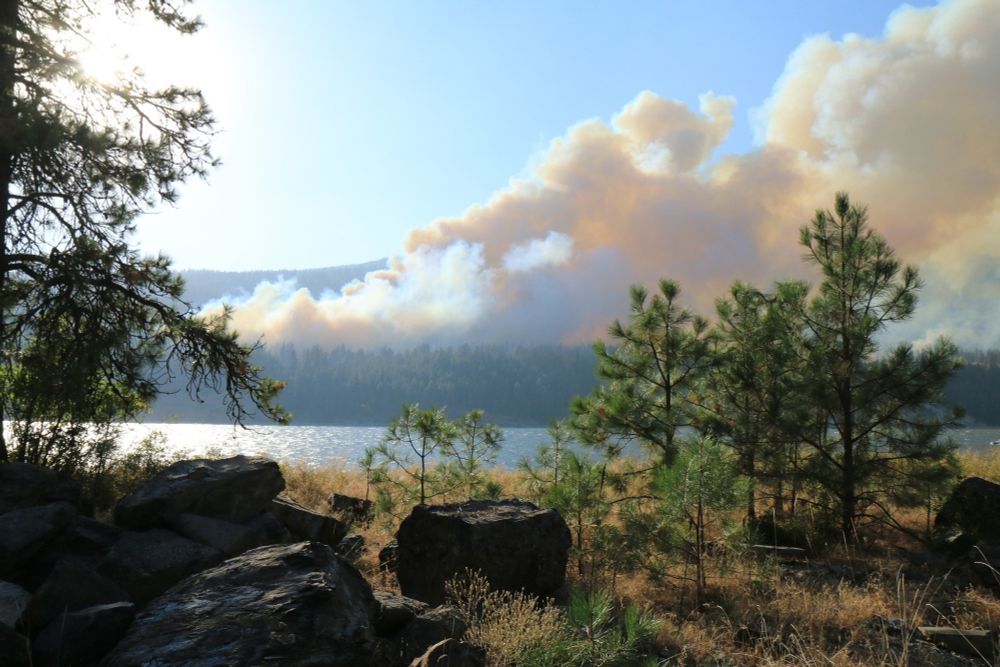 Picture of a smoking mountain in the background, with a lake and trees in the foreground.