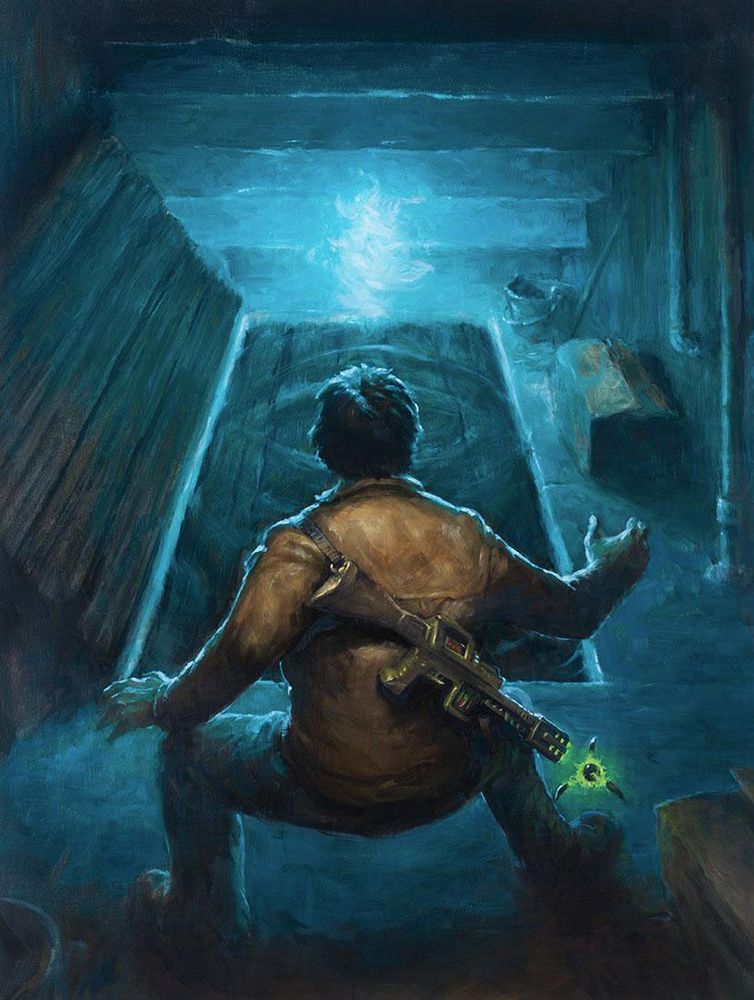 Seen from behind, A man stands in shocked by the vision of a portal that he discovers beneath an old door in a closet under the stairs.