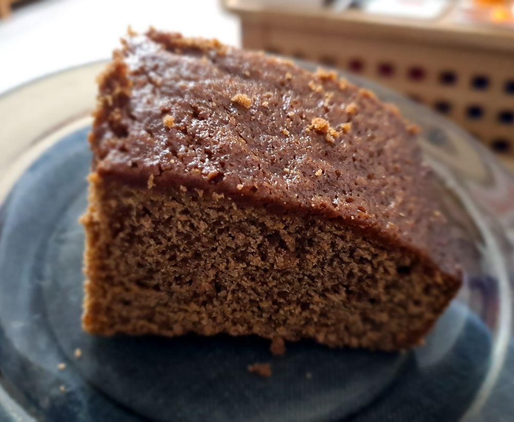 a big slab of sticky brown gingerbread on a plate