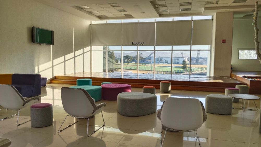 An empty room with a lot of comfy furniture and light coming in through a window 