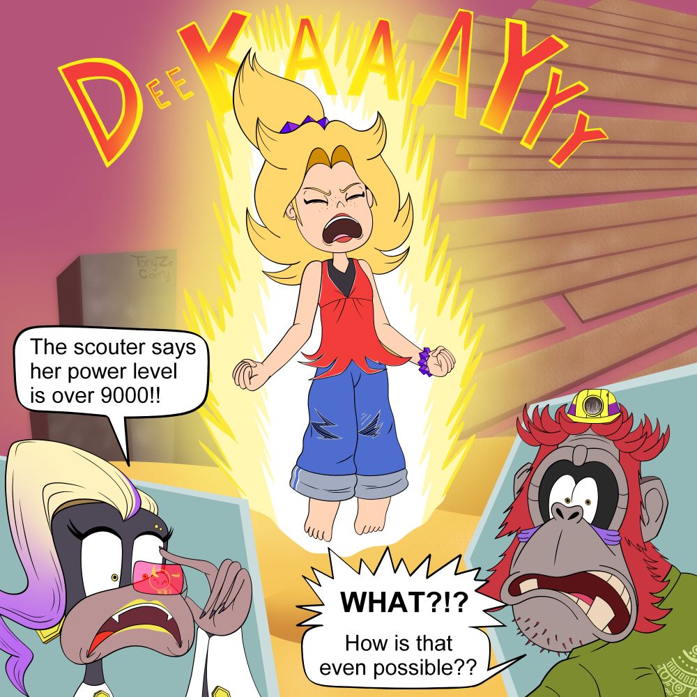 Young Pauline is seen floating in the air all powered up as a Super Saiyan (golden hair included), she screams the name of her valiant friend DK as Poppy Kong and Grumpy Kong are gasped at her immense strength that she suddenly exposed in front of them.
