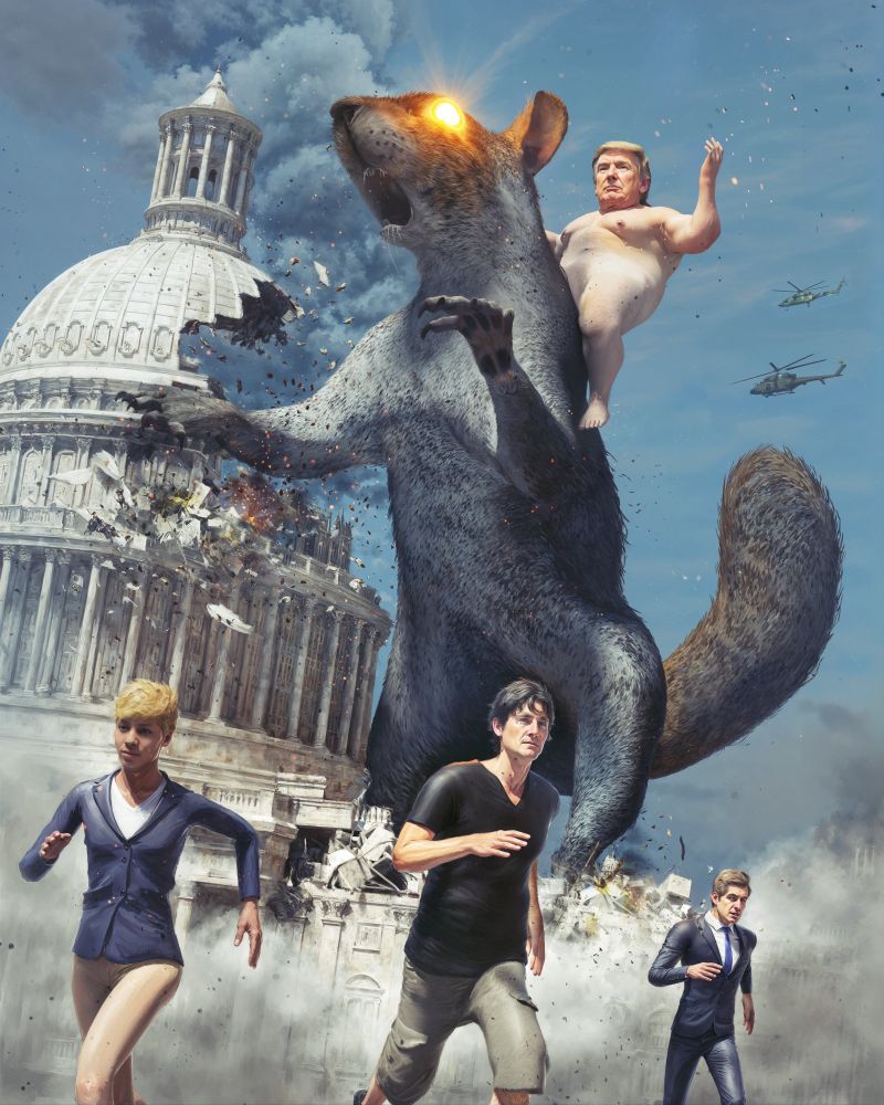 Image générée par IA de Donald Trump nu sur le dos d'un écureuil qui détruit le Capitole