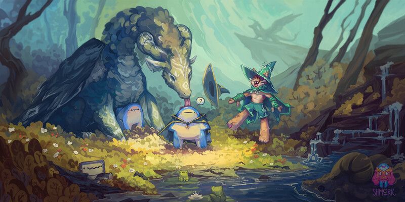an illustration depicting a dragon licking a head of a wizard shark and a wizard cat is pointing and laughing at the ordeal. small shmorklings are playing in the grass. 