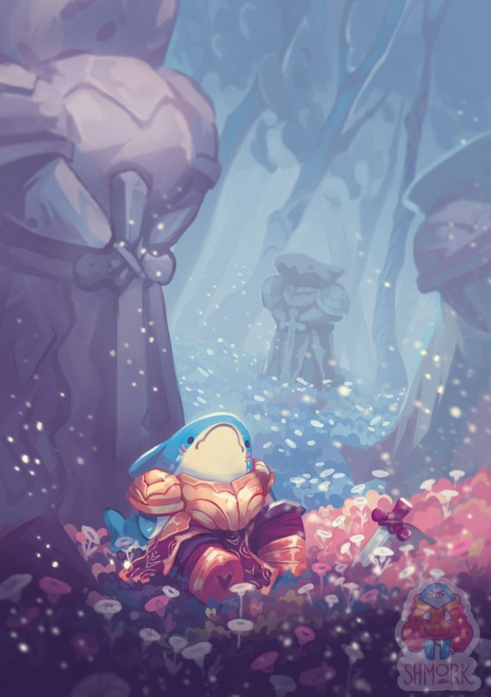 an illustration depicting a warrior, little shark with legs, sitting at the foot of a statue of his ancestors in a field of flowers 