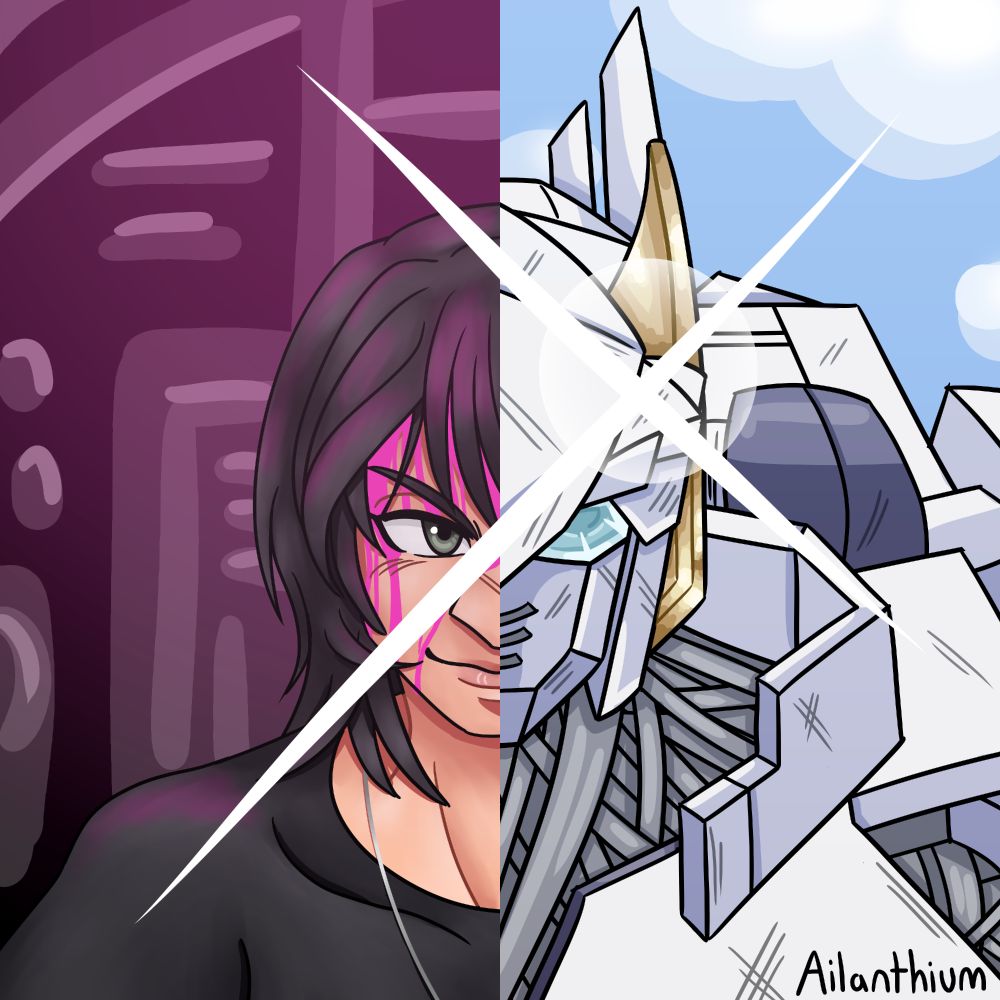 On the left side of the image, a mech pilot named Aria stares forward from her cockpit, a smile on her face even as blood drips down her forehead. Her mech, Belial, mirrors her on the right side of the image, damaged from a fight but shining in the sunlight.