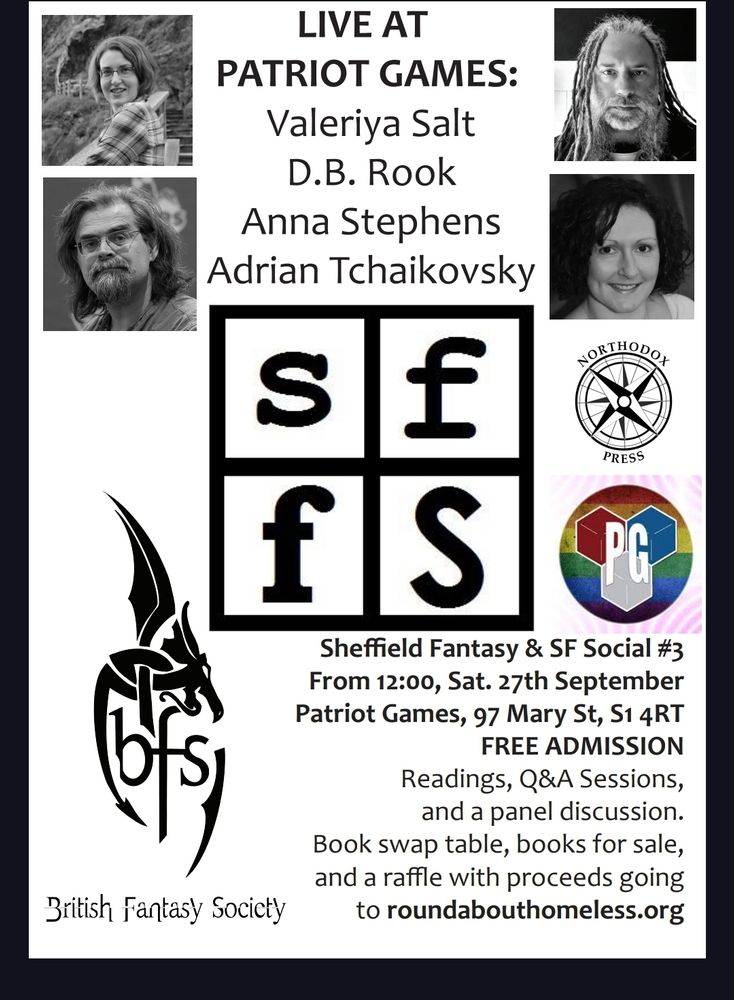 Advert for Sheffield fantasy and SF social on 27 September at Patriot Games, Sheffield, 12pm-5pm. 