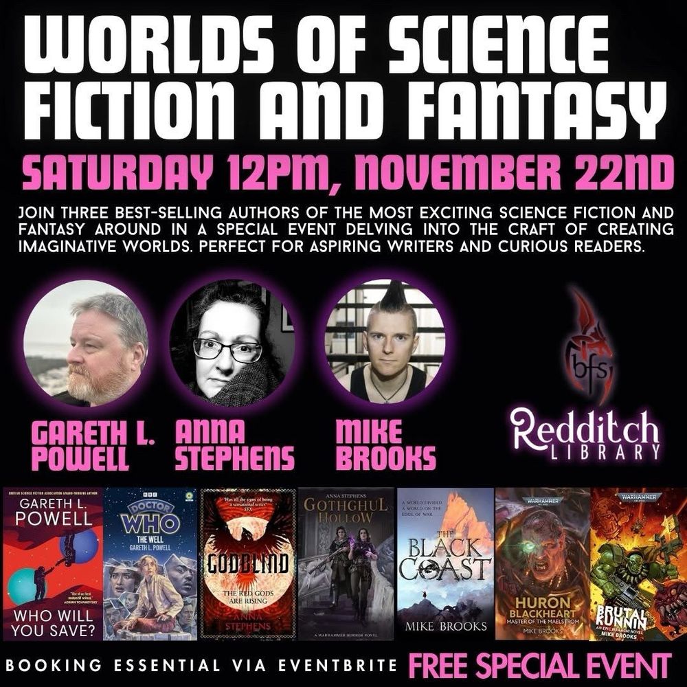 A busy promo image for the Redditch library author event. 