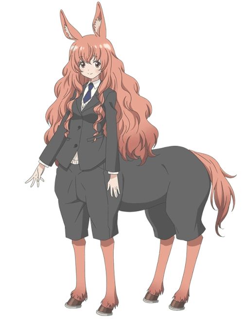 A female centaur, drawn in the anime style. She is wearing a suit. 