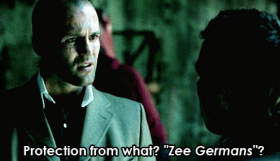Tommy and Turkish in the film Snatch. The caption reads: Protection from what? "Zee Germans"?