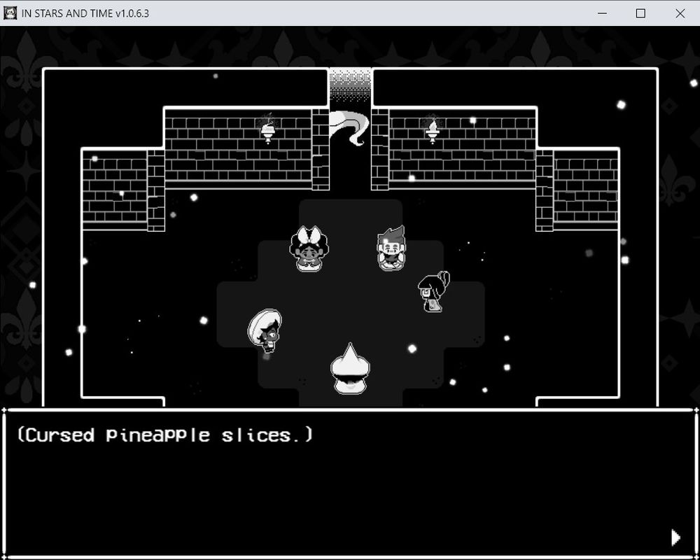 The party of "In Stars and Time" sits in a room, munching on snacks. The text box at the bottom of the screen reads "(Cursed pineapple slices.)" (For context, the protagonist ended his prior loop by discovering his pineapple allergy.)