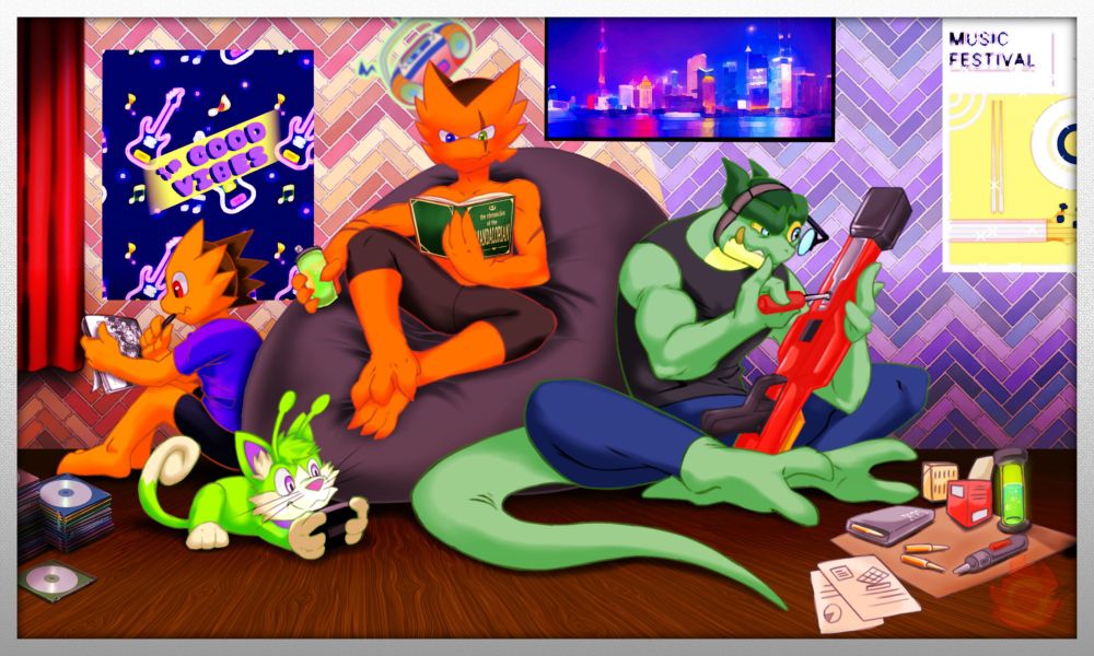 a photograph of the alien gang, taking time for their hobbies. Blaze practicing traditional art; Galax having an online game of Pokemon; Burn continuing to read the Star Wars saga of his favorite character, the Mandalorian; Slash rebuilding and modifying a sniper rifle, modifying it for plasma ammunition.