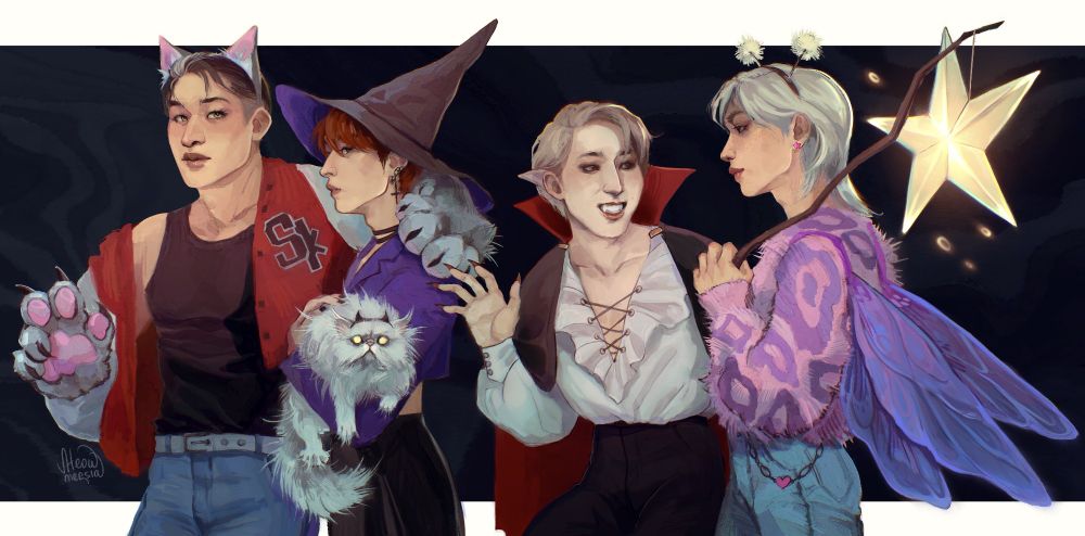 Bang Chan(werewolf), Lee Minho(witch), Han Jisung(vampire) and Lee Felix(fairy) from Stray Kids go to the party in silly Halloween costumes, but in reality they are real evil spirits.