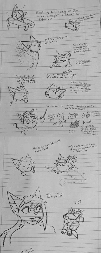 comic
kent, zombified, staggering in, "bleeh, my body is dying but Im gonna do my part and shower for future me"
khandie: "capitalism thanks you, worker bee!"
kent, with her back to the camera as a waterfall sprays on her back, "aaa I do love being scaled tho"
khandie, sunken into the water with a rag on her head, "Its fun to imagine your shower as an onsen, right? Id def fall asleep in the bath lol"
kent: ok, so if its just me and this is an onsen would there be tiny cat workers?
khandie: Itd work like any blank oc (homunculi is how its spelt), right? We could recycle Tea since-
kent: Oh no yea, Tea is perfect actually but we have GOT to work on that name
kent, now wearing a graduation hat, and round glasses, "ok so working with that-maybe a small set of 5 being flavors
4 simple cat doodles, with tiny accessories on their ears
kent: he was a simple shaped cat. oh god vanilla is too hard. green/matcha would both be leaves w/tea this fell apart
kent, pressing her paws into her cheeks: Maybe a calico blob since I love them
khandie: we'll make you a funny lil guy to summon and poke yet
kent, now drawn with more detail, and sharp cat eyes, holding a smaller khandie as a plush, "wait thats just you lol"
khandie: HEY!