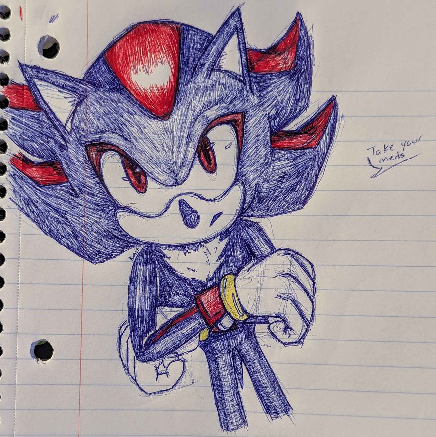 a pen sketch of front facing shadow the hedgehog saying Take your meds
