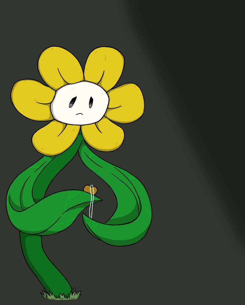 flowey from undertale, sadly looking down at a golden heart locket he is holding in his leaf-hands