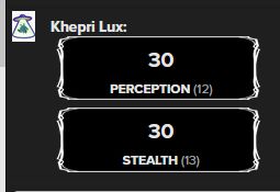 dnd rolls, showing a 30 for perception and another 30 for stealth