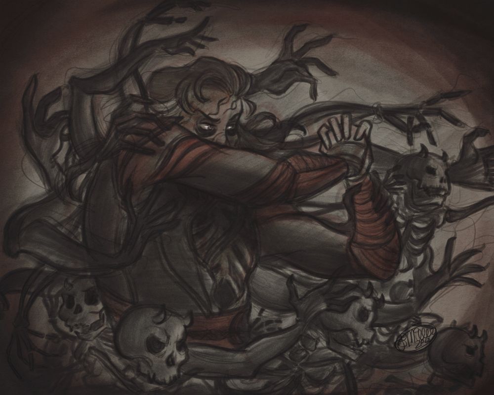 Dr. Strange surrounded by the souls of the damned, posed similar to Alexandre Cabanel’s “The Fallen Angel”