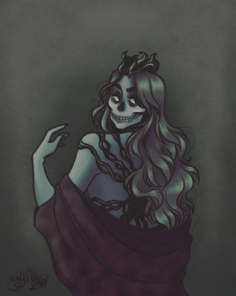 a monochrome-green drawing of Lady Death as depicted in Marvel Television’s “Agatha All Along”