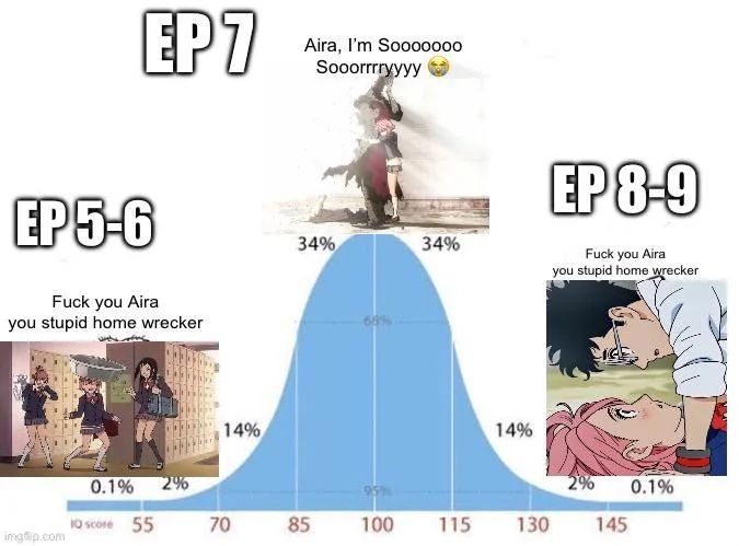 Bell curve with "ep 5-6: fuck you Aira, you stupid homewreker" at one end, "ep 7: Aira I'm sooooo soooorry" in thr middle and "ep 8-9: fuck you Aira, you stupid home wrecker" on the other end. 