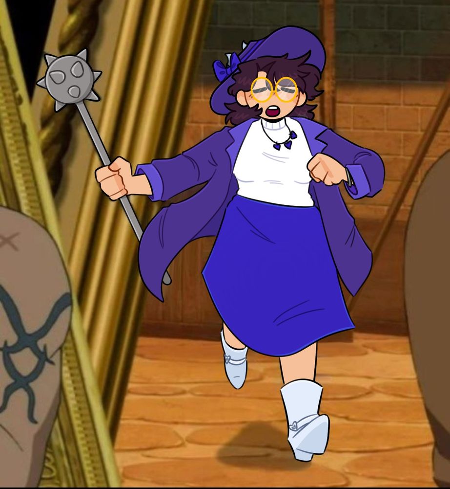 Screenshot redraw of @GarnetFox’s character “Mi-ok,” she’s running toward the camera with a mace in her hand. 