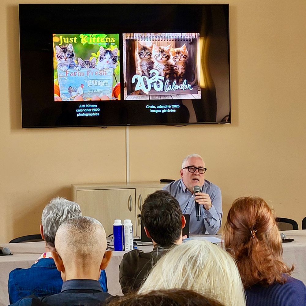 Mon intervention au Festival d'histoire de l'art de Fontainebleau. Sur l'écran, des calendriers de chats mignons, avant et après l'IA, qui montrent que les images générées poursuivent une histoire déjà engagée par les images optiques!