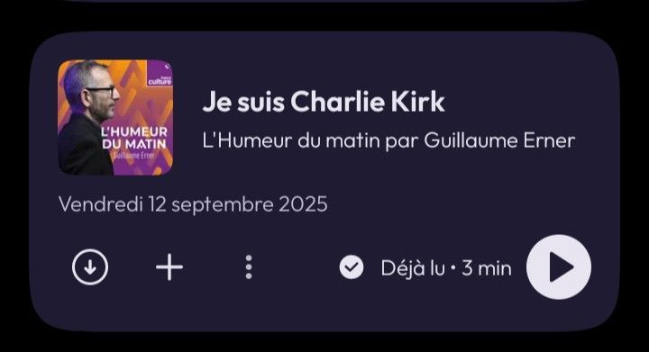 Vignette du billet de Guillaume Erner le 12 septembre 2025 sur France-Culture: «Je suis Charlie Kirk». Sans commentaire.