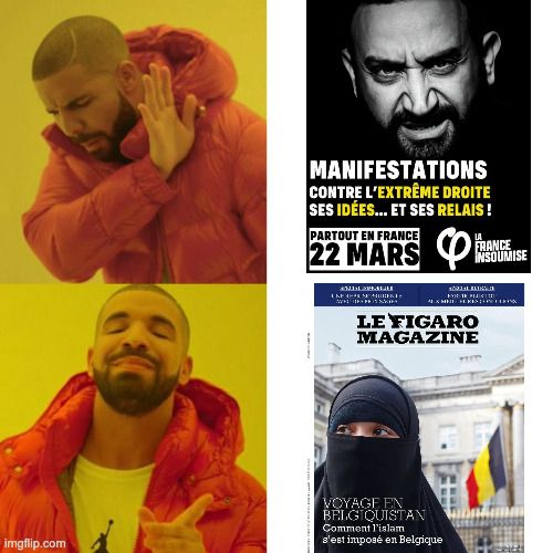 Drake meme: affiche Hanouna vs couverture du Fig Mag montrant une femme voilée, sous le titre "Voyage en Belgiquistan. Comment l'islam s'est imposé en Belgique"…