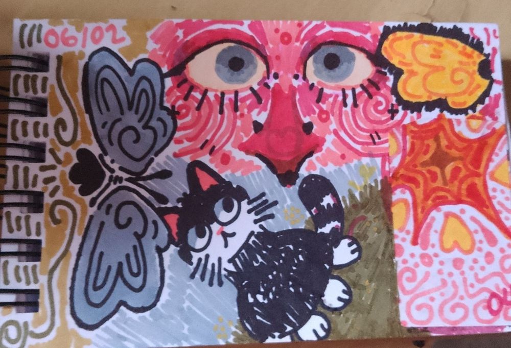 Página de sketchbook cheio de desenhos.
No lado esquerdo superior há uma data "seis de fevereiro" 
Uma página bem colorida com desenhos, um gato frajola, uma "borboleta" de asas cinzas, um rosto de pele rosa com espinhas, olhos azuis/cinzas com delineado e cílios grandes, logo a direita uma única asa amarela com detalhes em laranja e abaixo um desenho de uma estrela e um padrão de pontos e espirais seguido de um número "04" que indica a página.
