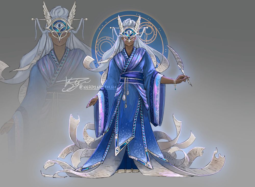 An original design of The Knowing Mistress, goddess from Critical Role with blue robes, a golden owl-like mask, and hair and skirts that turn into unfurled paper
