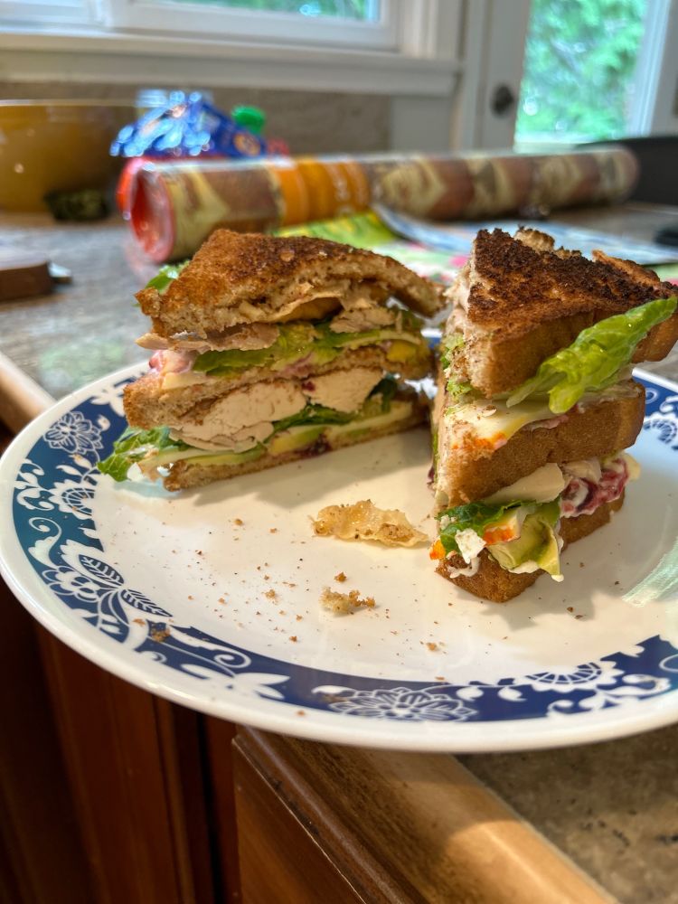 Home made club sandwich with avocado, lettuce, Mayo, cranberry sauce, Munster cheese, and chicken.