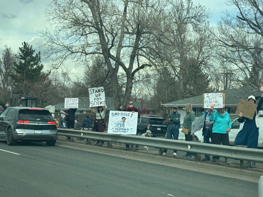 Protestors holding signs by street. One says "Bad DOGE" another "Stand up for science" another "Stop Elon's Takeover"