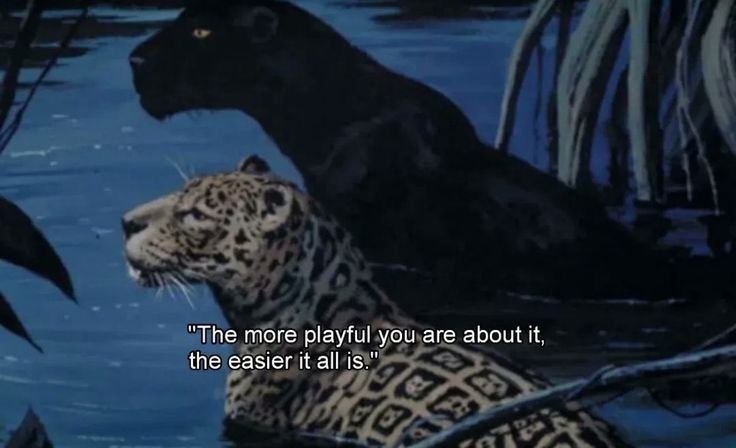A quote sits atop a background image of a panther and leopard looking up from a lake surrounded by greenery and reads, “The more playful you are about it, the easier it all is.”