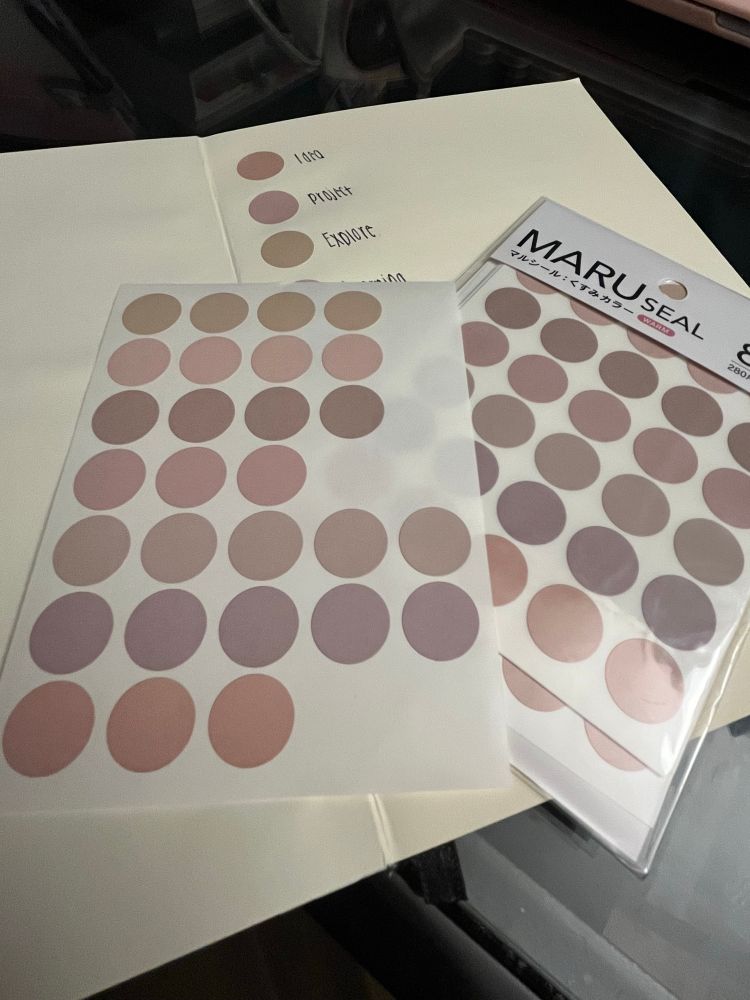 7 rows of varying shades of mauve dot sticker sheets rest on top of a journal that uses the dot stickers as a legend