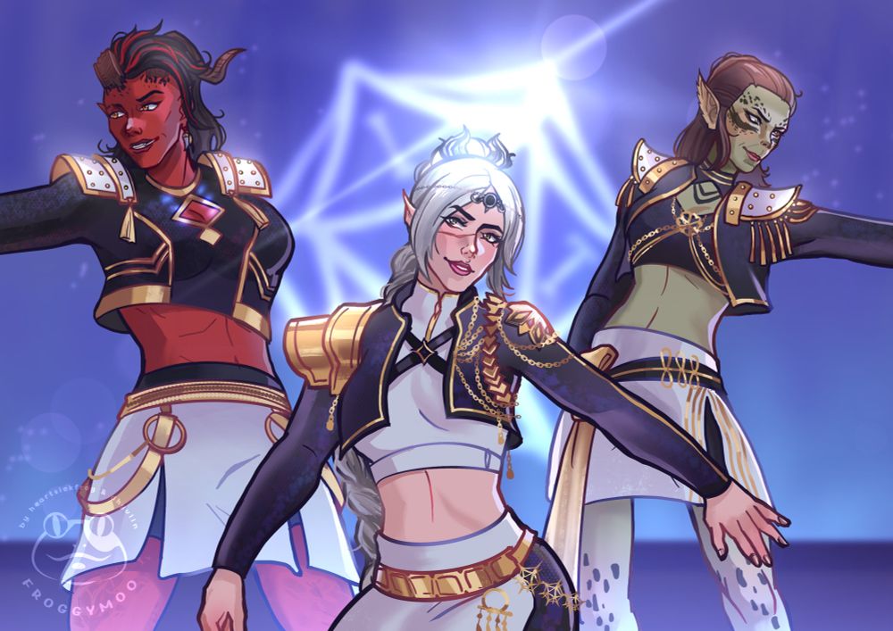 Karlach, Shadowheart, and Lae’zel as HUNTR/X from a Netflix show Kpop Demon Hunters